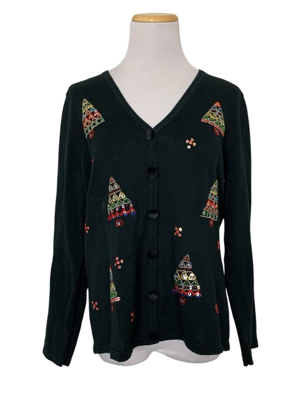 Mercer Street Studio Ramie Blend Sequin Christmas Tree Cardigan Sweater Womens M